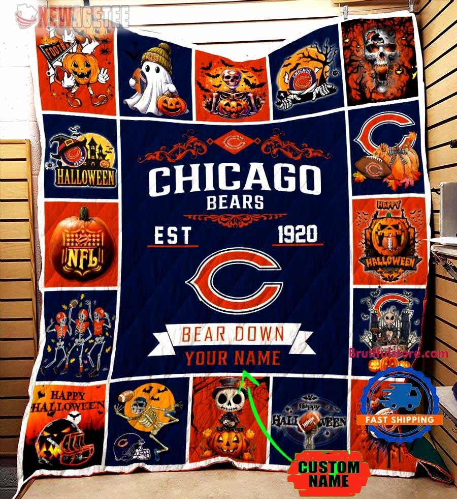 Chicago Bears Football Skeleton Pumpkin Skull Halloween Quilt Fleece Blanket