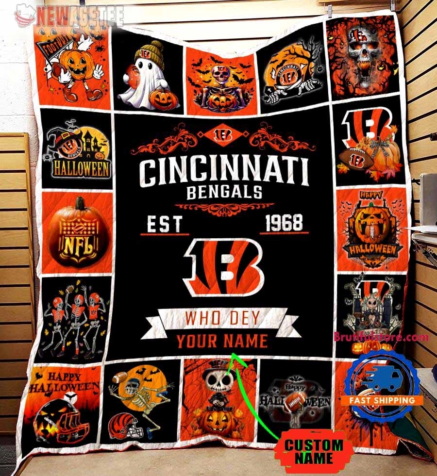 Cincinnati Bengals Football Skeleton Pumpkin Skull Halloween Quilt Fleece Blanket