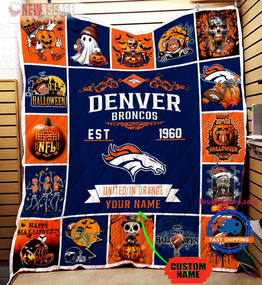 Denver Broncos Football Skeleton Pumpkin Skull Halloween Quilt Fleece Blanket