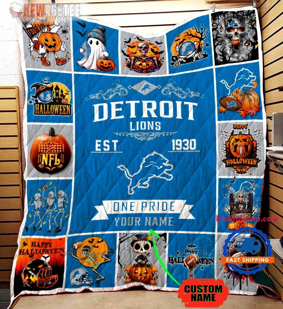 Detroit Lions Football Skeleton Pumpkin Skull Halloween Quilt Fleece Blanket