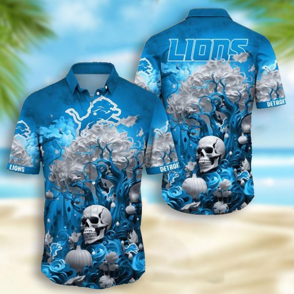 Detroit Lions Skull Pumpkin Halloween Hawaiian Shirt