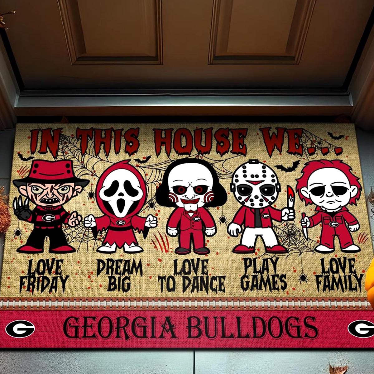 Georgia Bulldogs In This House We Love Family Dream Big Halloween Horror Movies Doormat