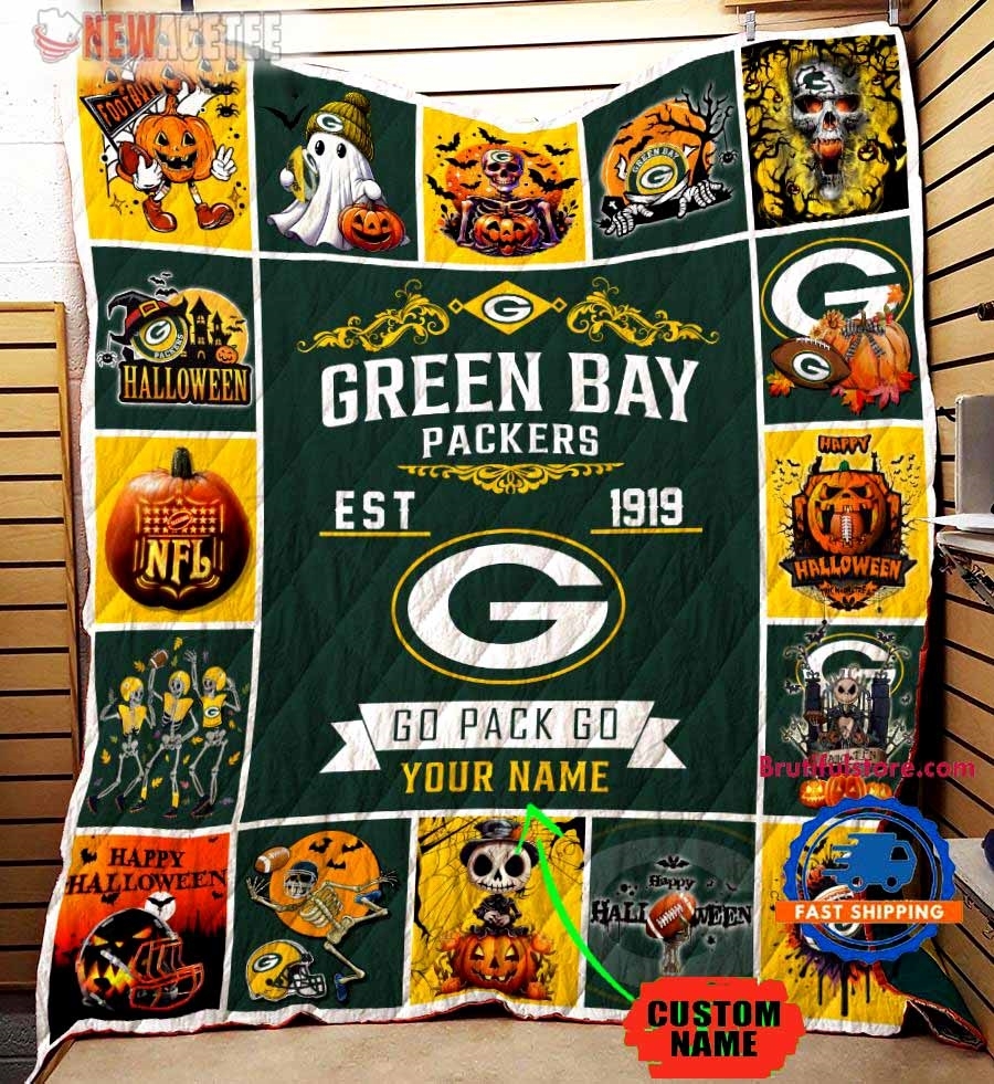 Green Bay Packers Football Skeleton Pumpkin Skull Halloween Quilt Fleece Blanket Green Bay Packers Football Skeleton Pumpkin Skull Halloween Quilt Fleece Blanket
