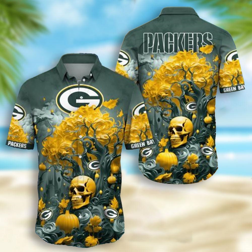 Green Bay Packers Skull Pumpkin Halloween Hawaiian Shirt Green Bay Packers Skull Pumpkin Halloween Hawaiian Shirt