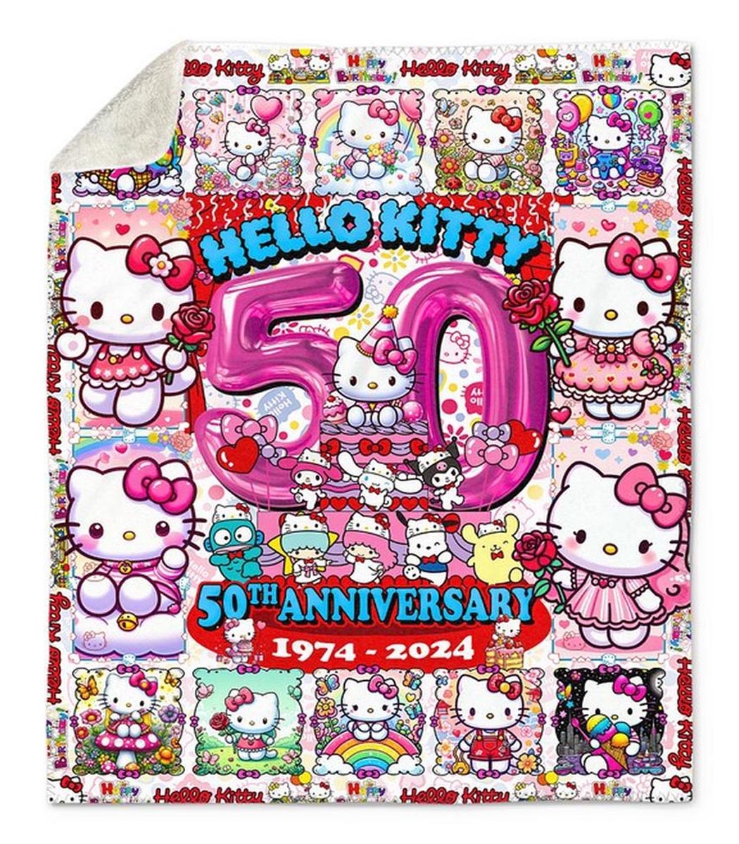 Hello Kitty 50th Anniversary 1974-2024 Celebrating Quilt Fleece Blanket Hello Kitty 50th Anniversary 1974-2024 Celebrating Quilt Fleece Blanket