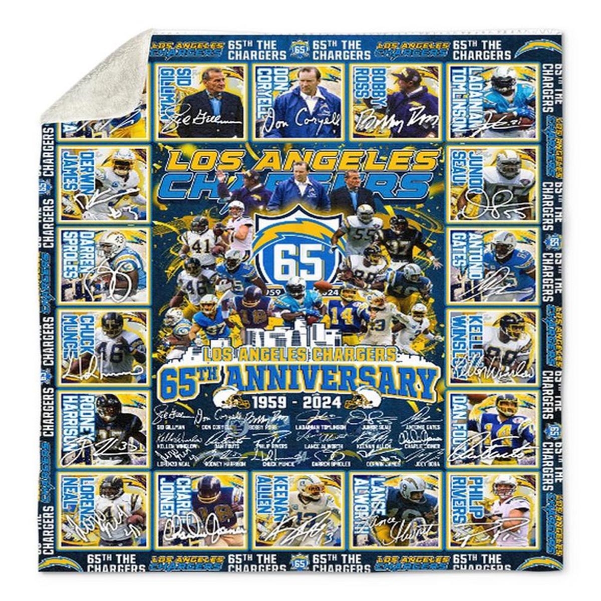 Los Angeles Chargers 65th Anniversary 1959-2024 Quilt Fleece Blanket