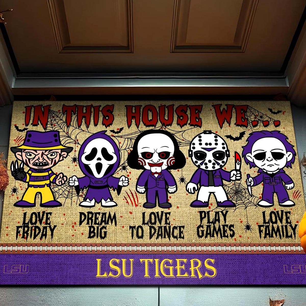 Lsu Tigers In This House We Love Family Dream Big Halloween Horror Movies Doormat