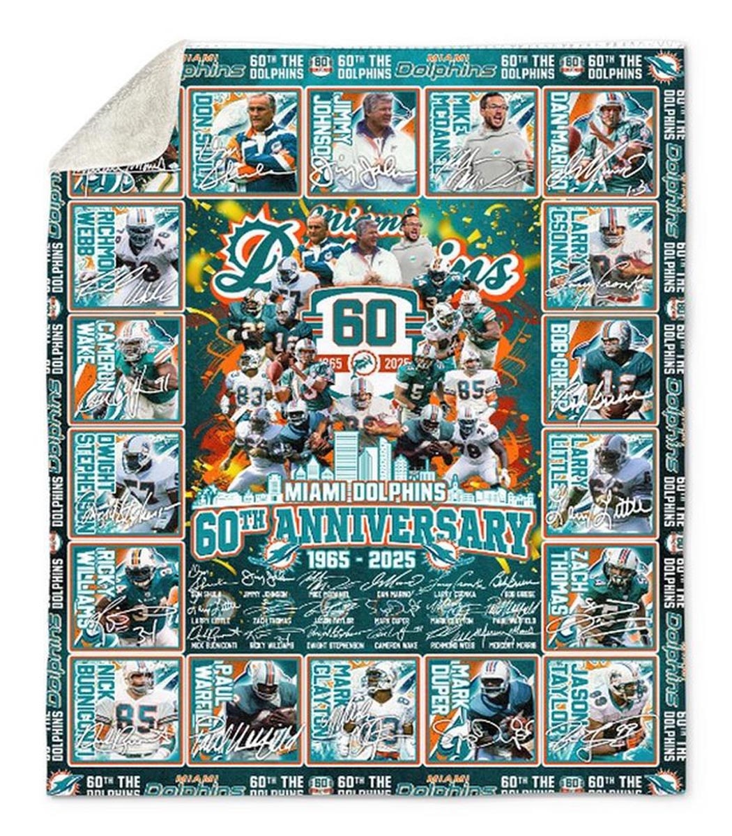 Miami Dolphins 60th Anniversary 1965-2024 Quilt Fleece Blanket