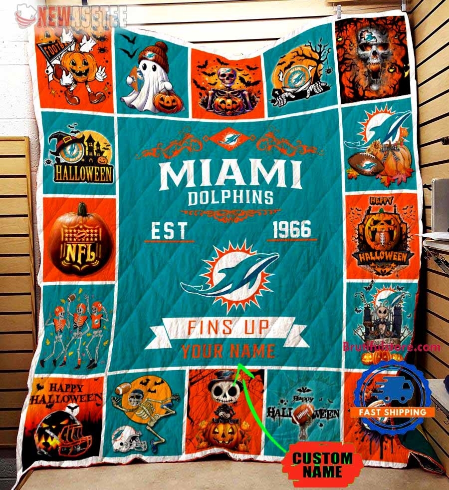 Miami Dolphins Football Skeleton Pumpkin Skull Halloween Quilt Fleece Blanket