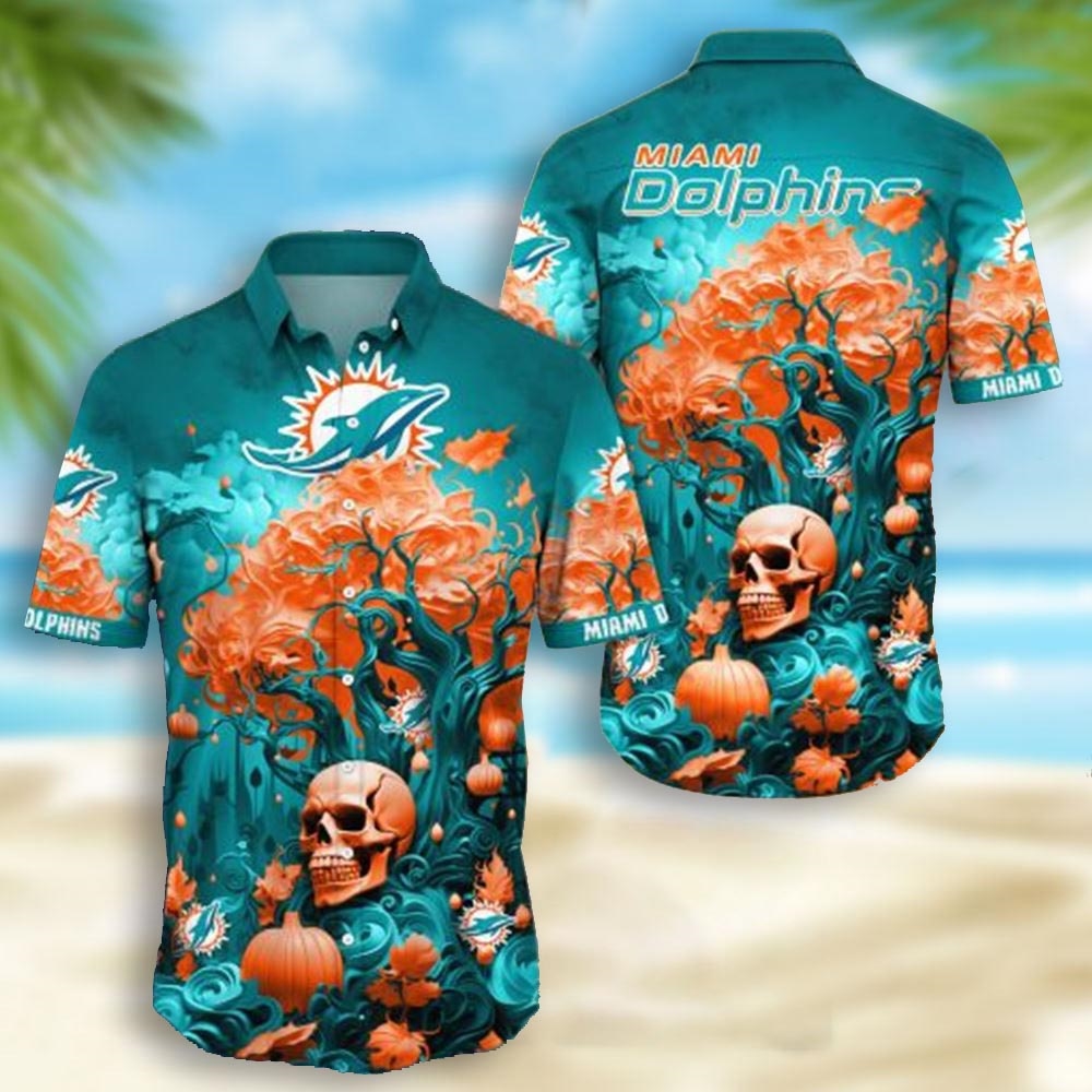 Miami Dolphins Skull Pumpkin Halloween Hawaiian Shirt