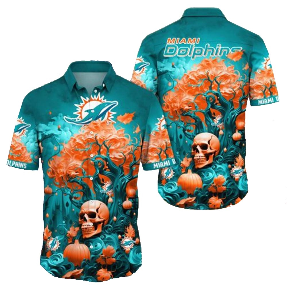 Miami Dolphins Skull Pumpkin Halloween Hawaiian Shirt