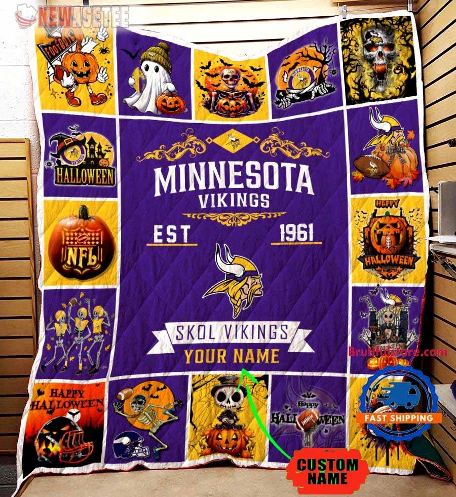 Minnesota Vikings Football Skeleton Pumpkin Skull Halloween Quilt Fleece Blanket