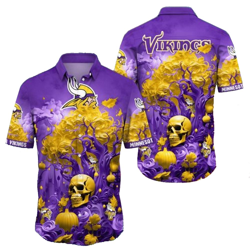 Minnesota Vikings Skull Pumpkin Halloween Hawaiian Shirt