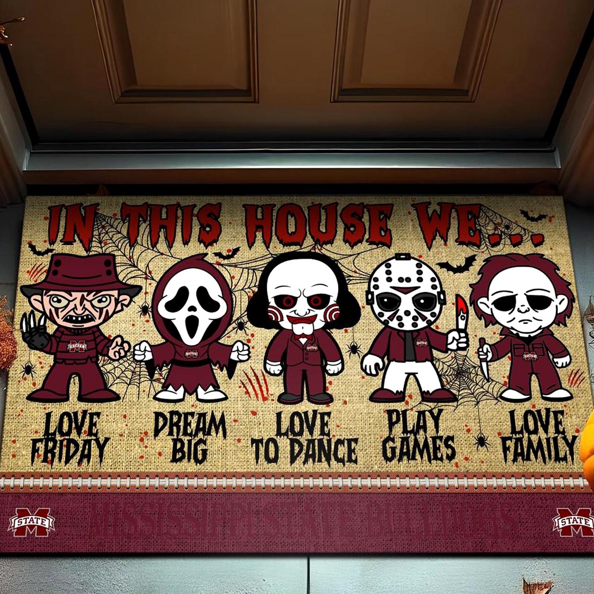 Mississippi State Bulldogs In This House We Love Family Dream Big Halloween Horror Movies Doormat
