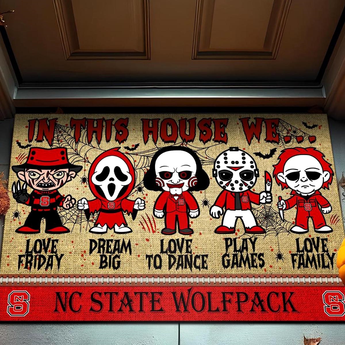 Nc State Wolfpack In This House We Love Family Dream Big Halloween Horror Movies Doormat