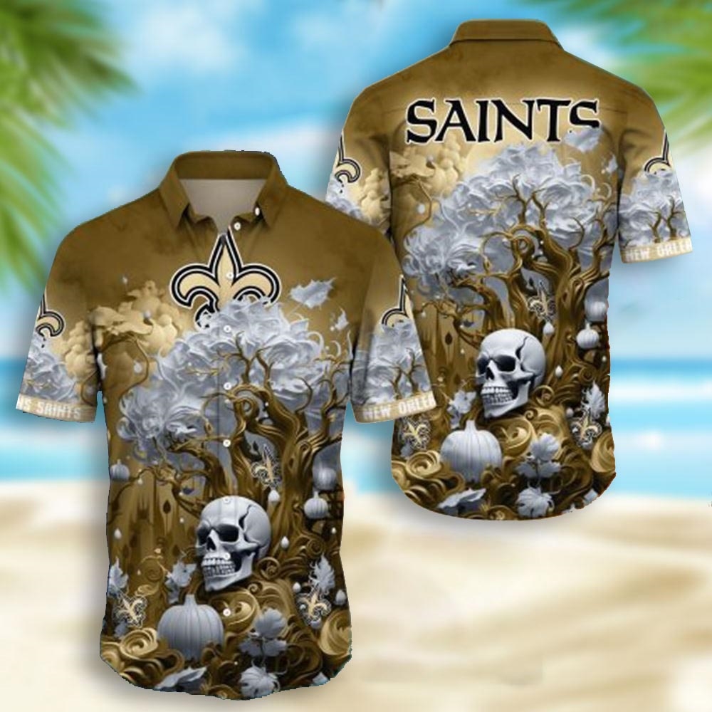 New Orleans Saints Skull Pumpkin Halloween Hawaiian Shirt