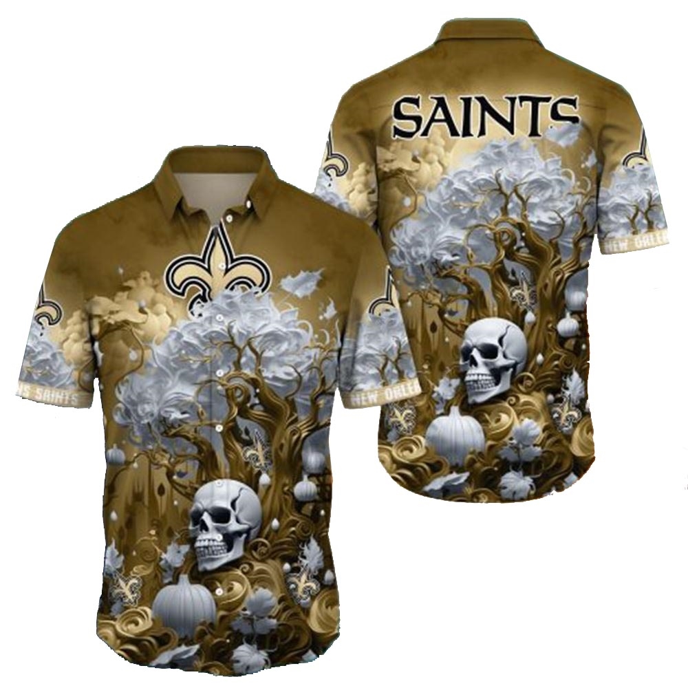 New Orleans Saints Skull Pumpkin Halloween Hawaiian Shirt