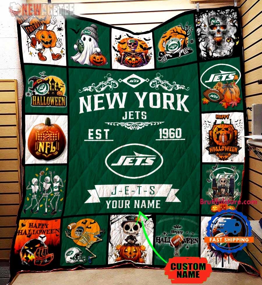 New York Jets Football Skeleton Pumpkin Skull Halloween Quilt Fleece Blanket