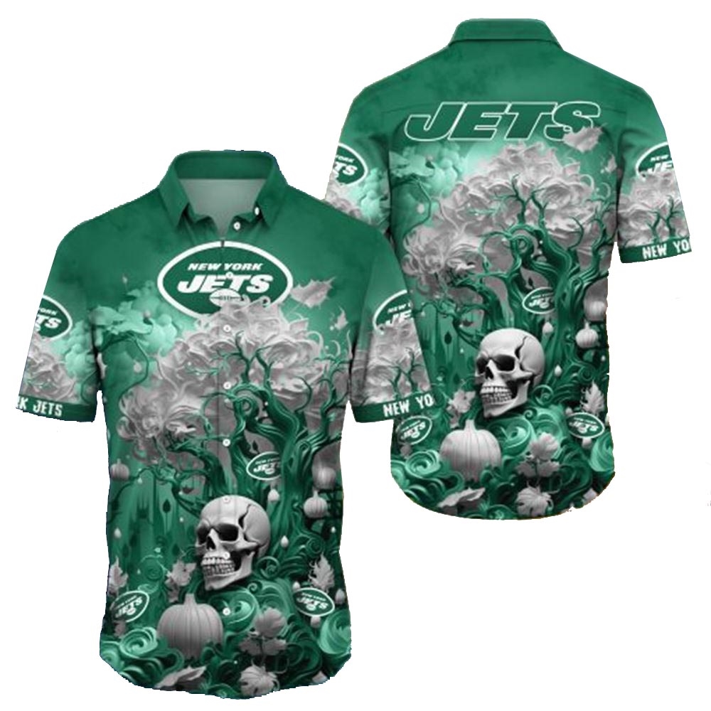 New York Jets Skull Pumpkin Halloween Hawaiian Shirt