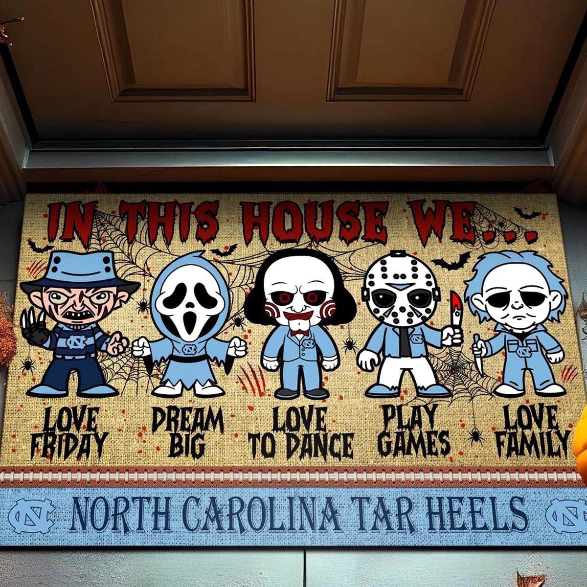 North Carolina Tar Heels In This House We Love Family Dream Big Halloween Horror Movies Doormat
