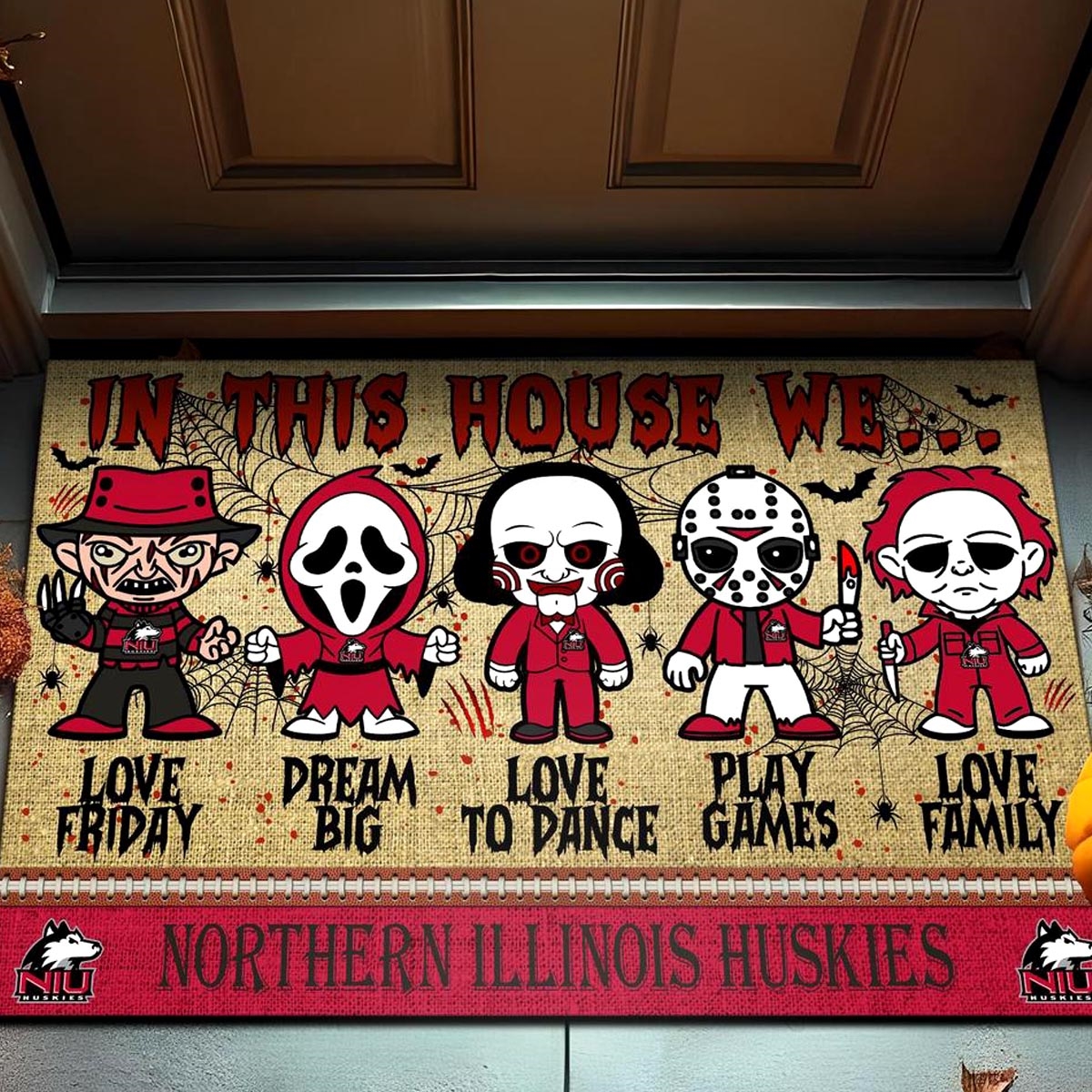 Northern Illinois Huskies In This House We Love Family Dream Big Halloween Horror Movies Doormat