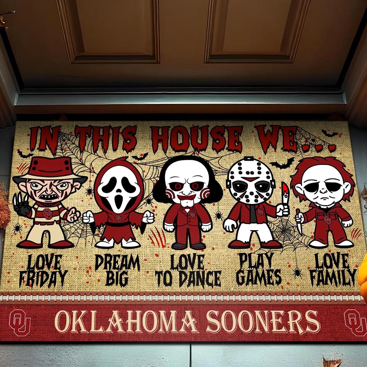 Oklahoma Sooners In This House We Love Family Dream Big Halloween Horror Movies Doormat