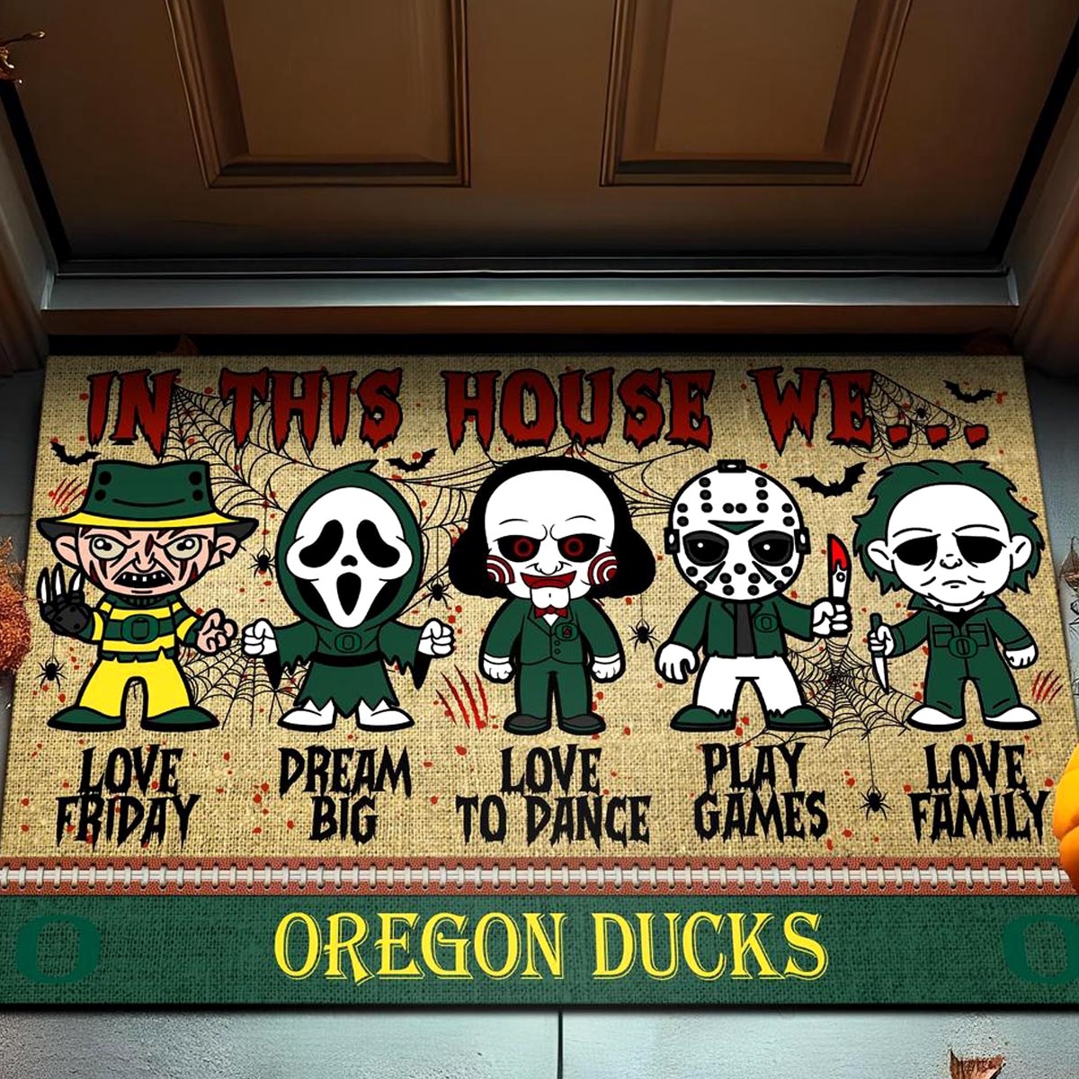 Oregon Ducks In This House We Love Family Dream Big Halloween Horror Movies Doormat