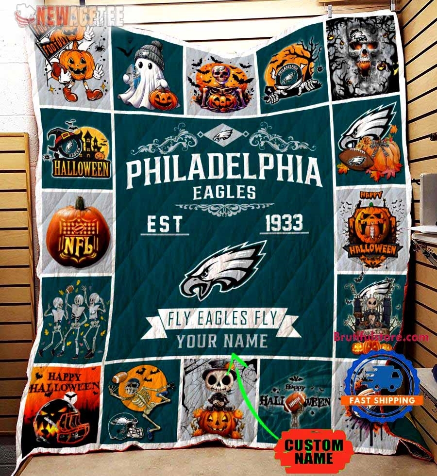 Philadelphia Eagles Football Skeleton Pumpkin Skull Halloween Quilt Fleece Blanket