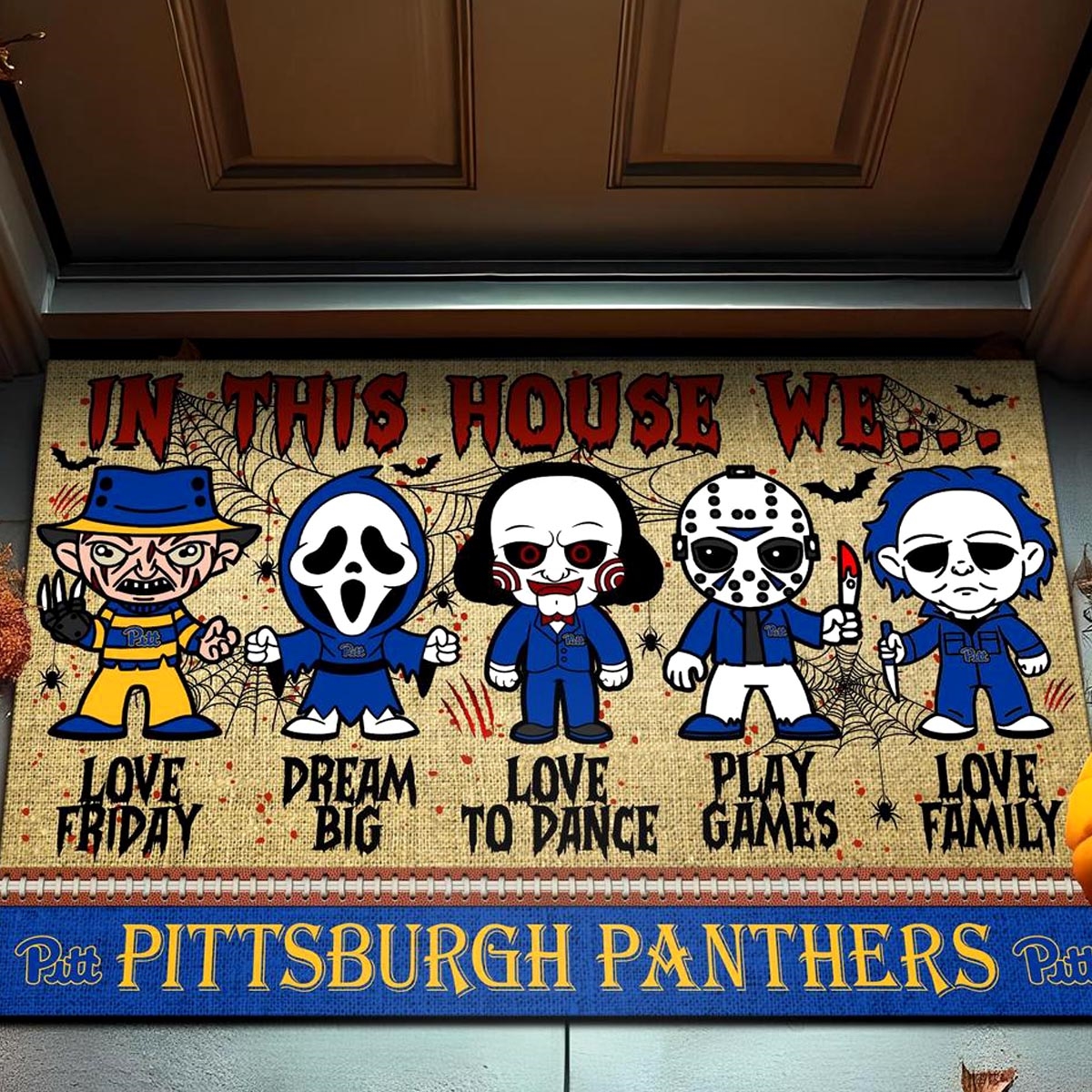Pittsburgh Panthers In This House We Love Family Dream Big Halloween Horror Movies Doormat