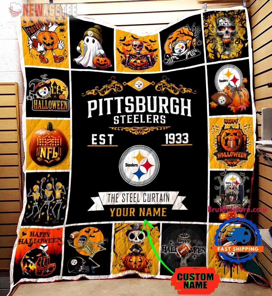 Pittsburgh Steelers Football Skeleton Pumpkin Skull Halloween Quilt Fleece Blanket