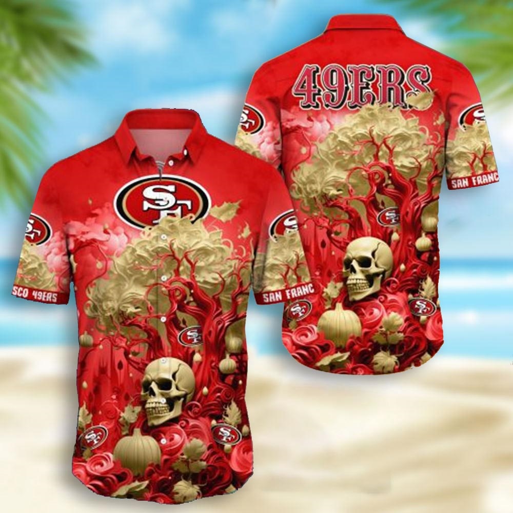 San Francisco 49ers Skull Pumpkin Halloween Hawaiian Shirt San Francisco 49ers Skull Pumpkin Halloween Hawaiian Shirt