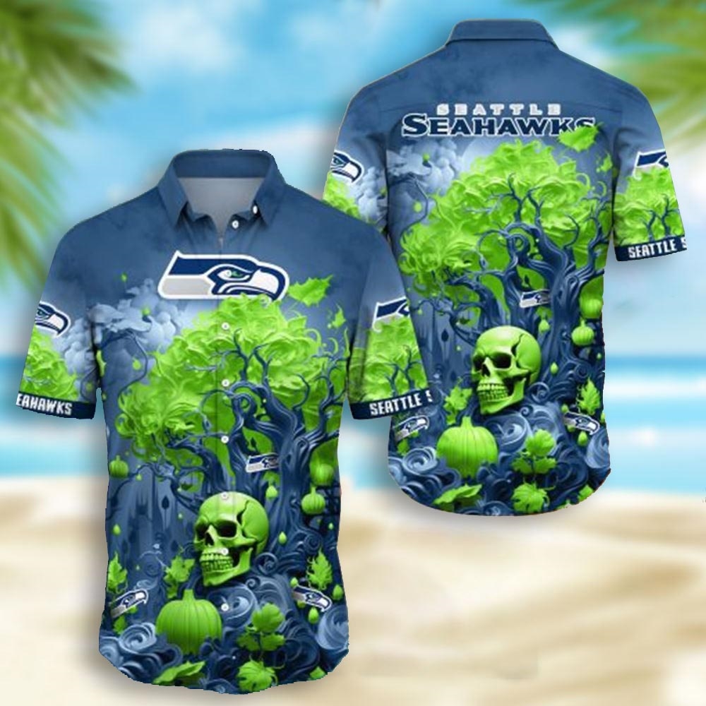 Seattle Seahawks Skull Pumpkin Halloween Hawaiian Shirt Seattle Seahawks Skull Pumpkin Halloween Hawaiian Shirt
