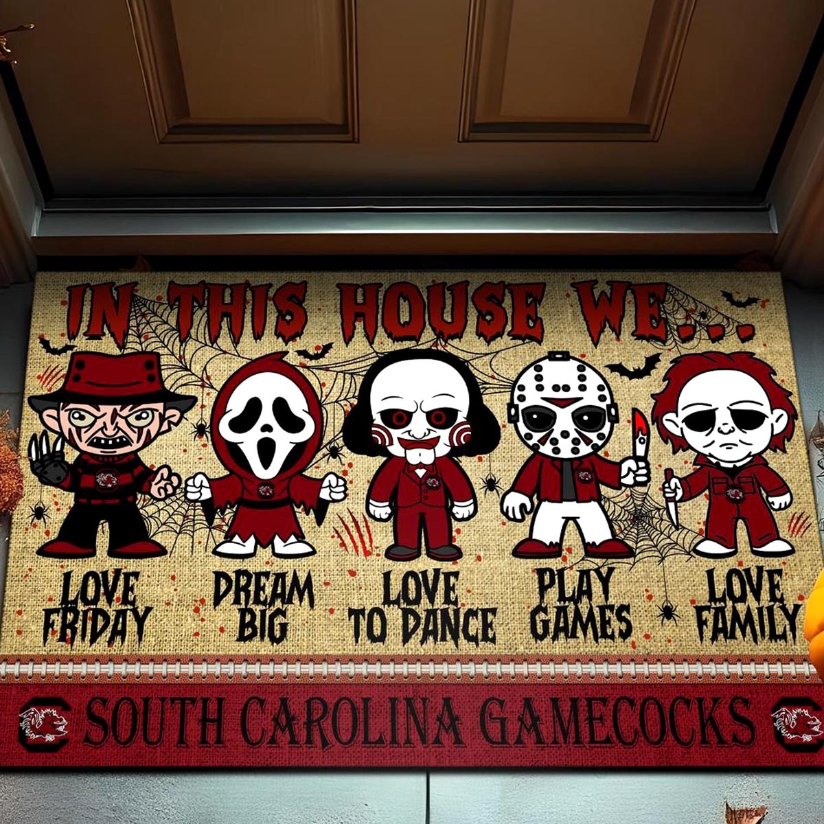 South Carolina Gamecocks In This House We Love Family Dream Big Halloween Horror Movies Doormat