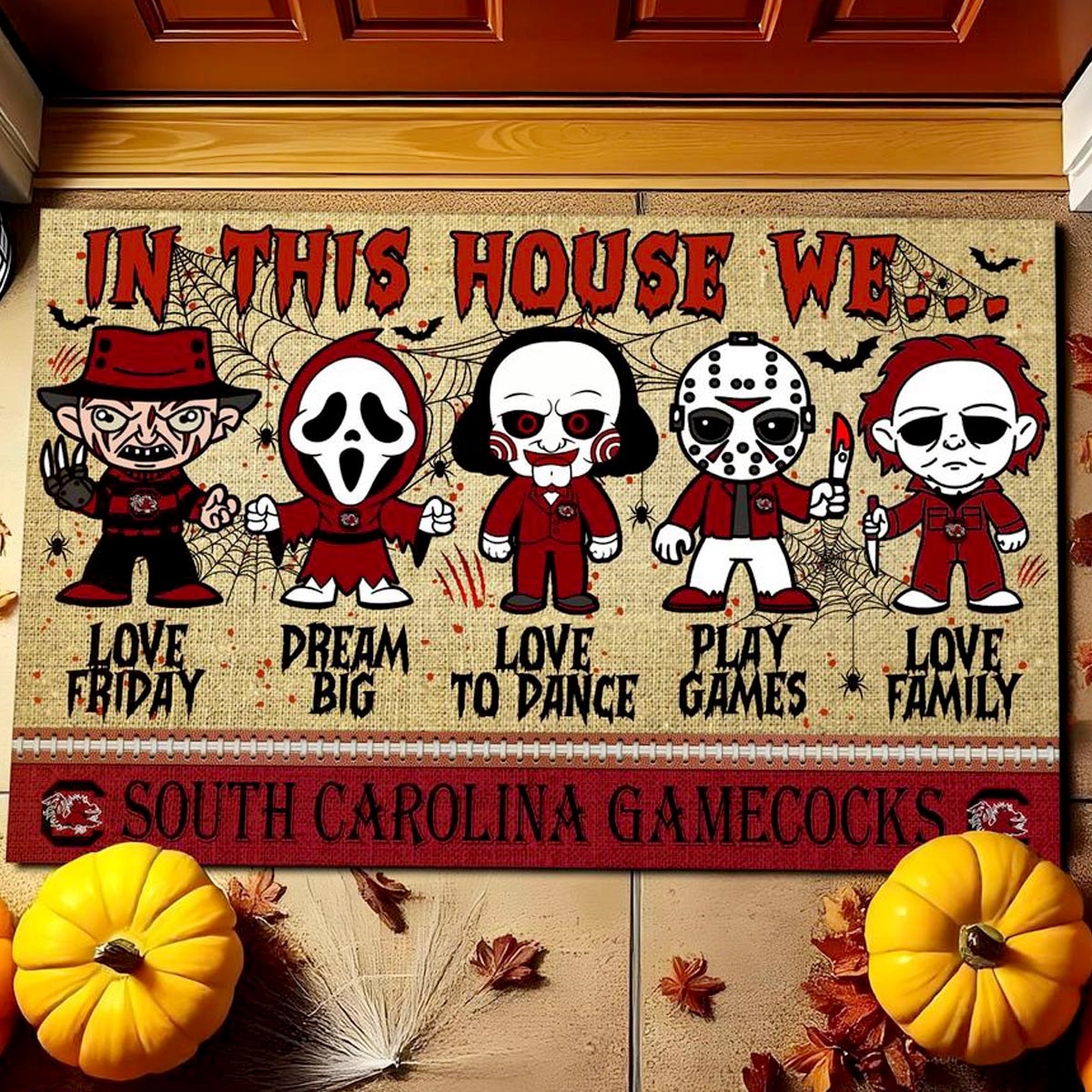 South Carolina Gamecocks In This House We Love Family Dream Big Halloween Horror Movies Doormat