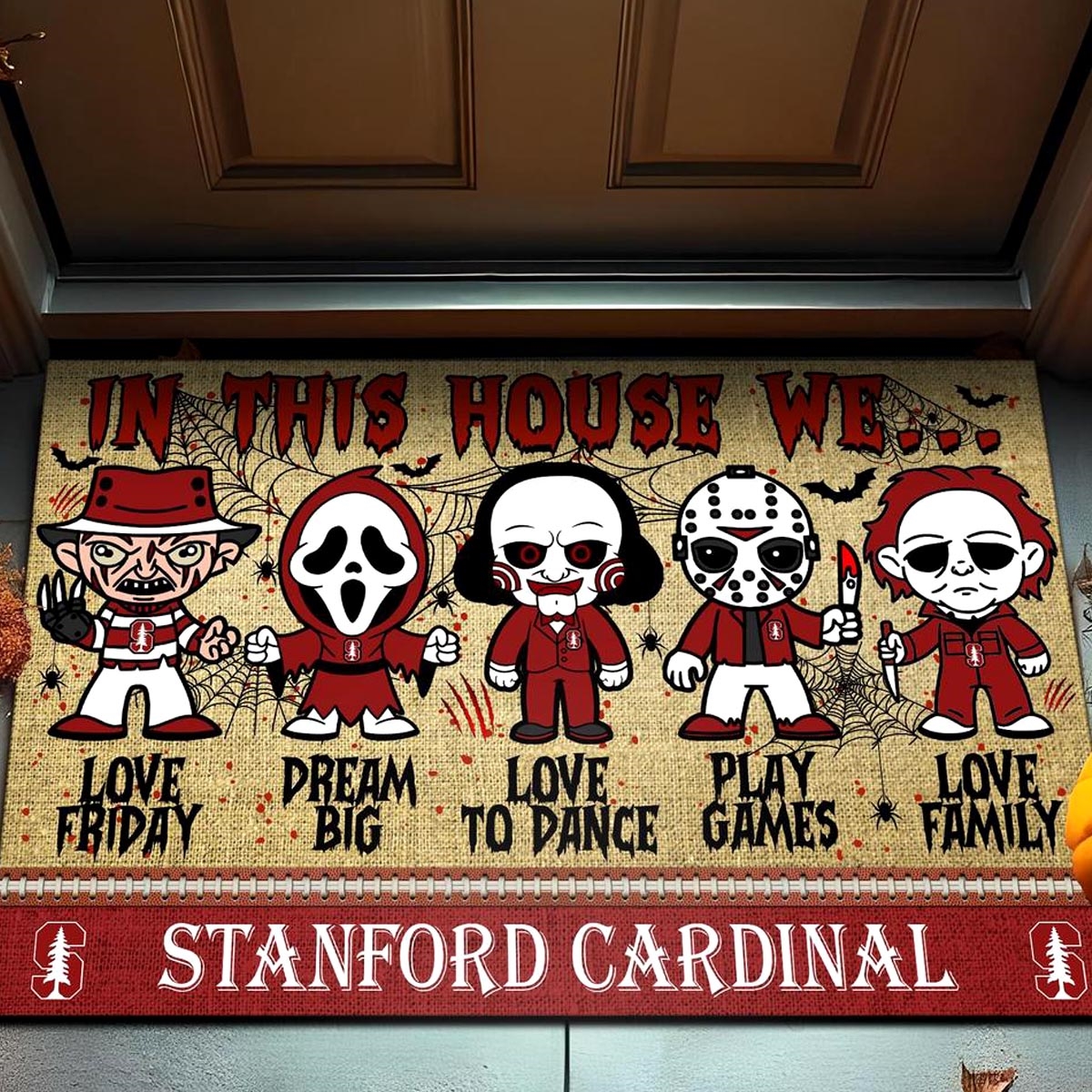 Stanford Cardinal In This House We Love Family Dream Big Halloween Horror Movies Doormat