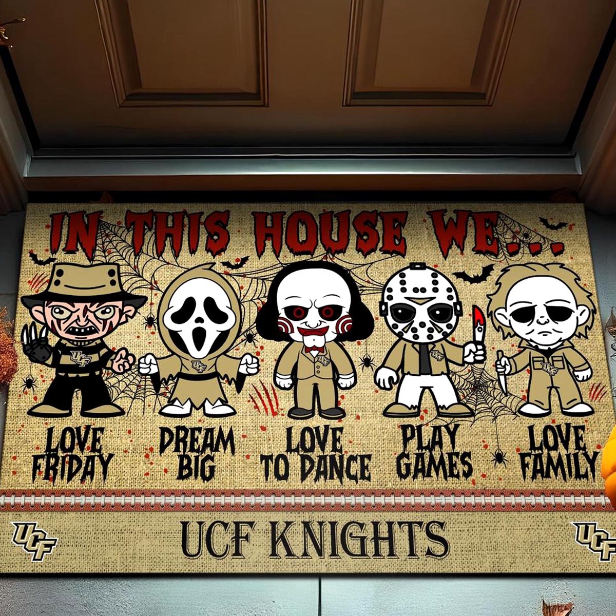 Ucf Knights In This House We Love Family Dream Big Halloween Horror Movies Doormat