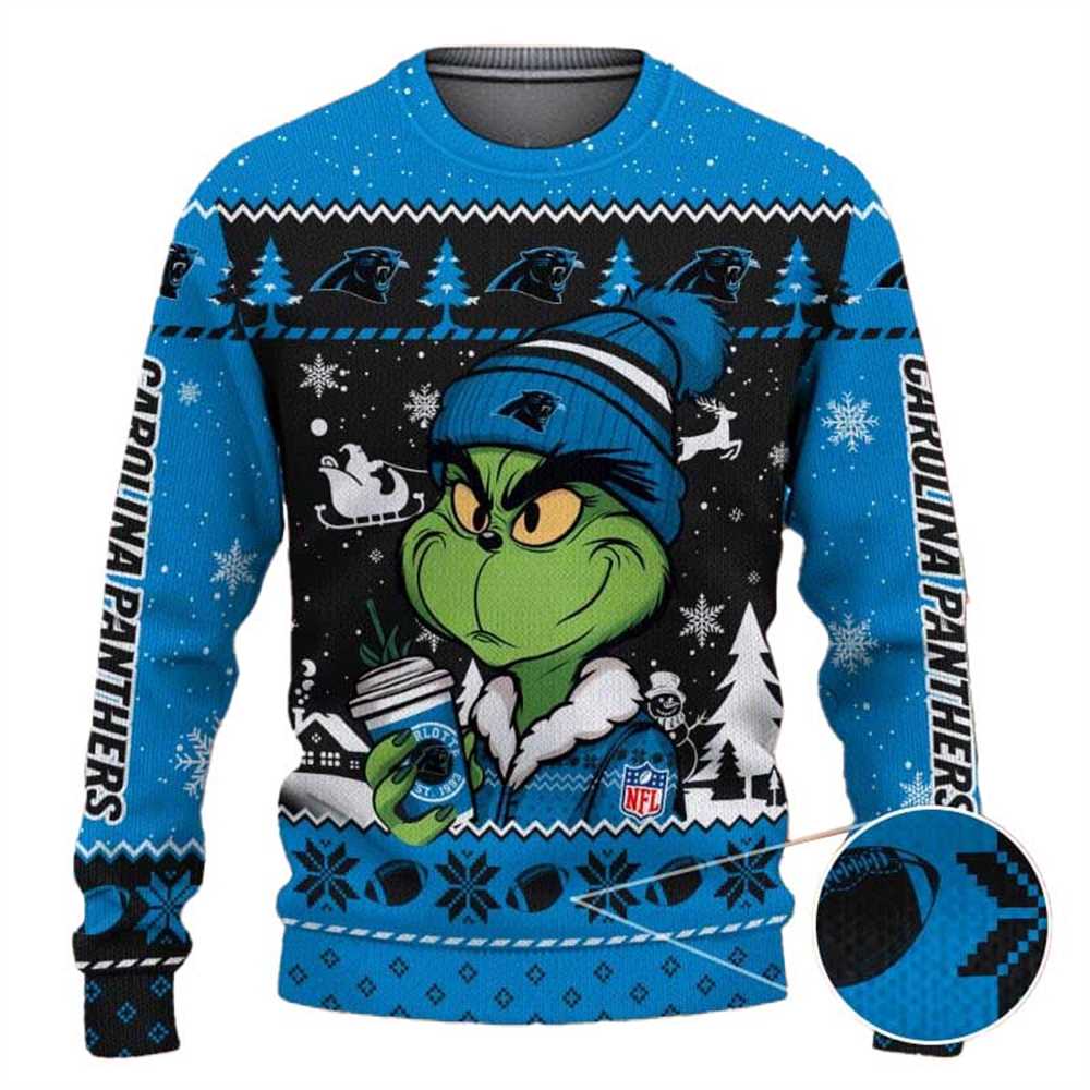Carolina Panthers The Grinch Drink Coffee Ugly Christmas Sweater Carolina Panthers The Grinch Drink Coffee Ugly Christmas Sweater