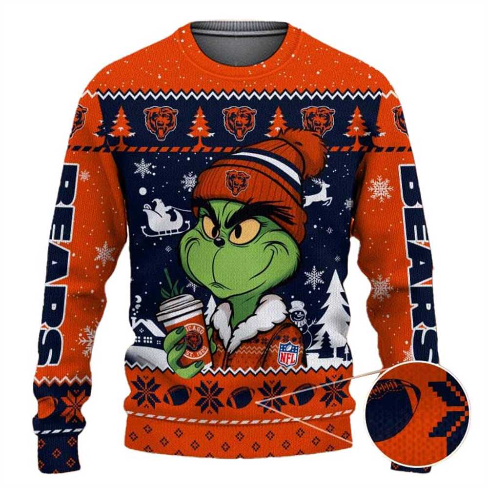 Chicago Bears The Grinch Drink Coffee Ugly Christmas Sweater Chicago Bears The Grinch Drink Coffee Ugly Christmas Sweater