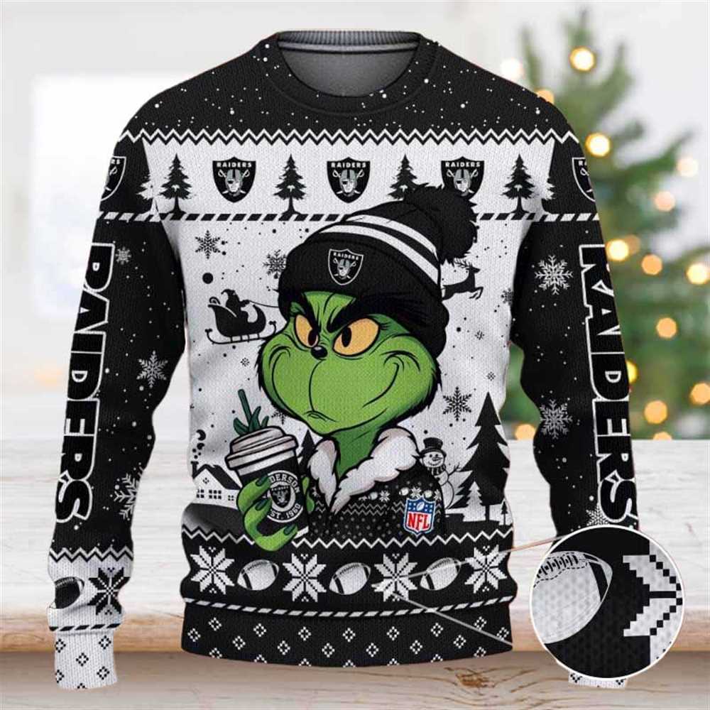 Las Vegas Raiders The Grinch Drink Coffee Ugly Christmas Sweater Las Vegas Raiders The Grinch Drink Coffee Ugly Christmas Sweater