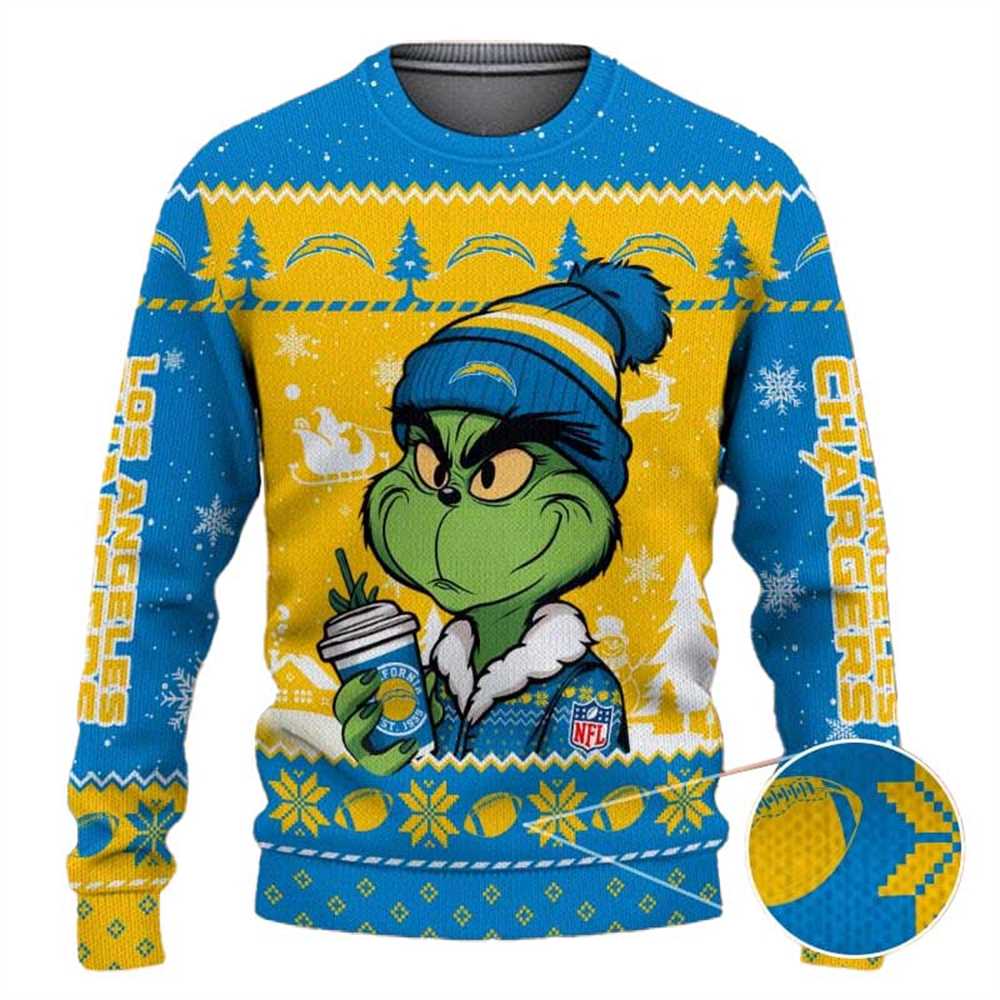 Los Angeles Chargers The Grinch Drink Coffee Ugly Christmas Sweater