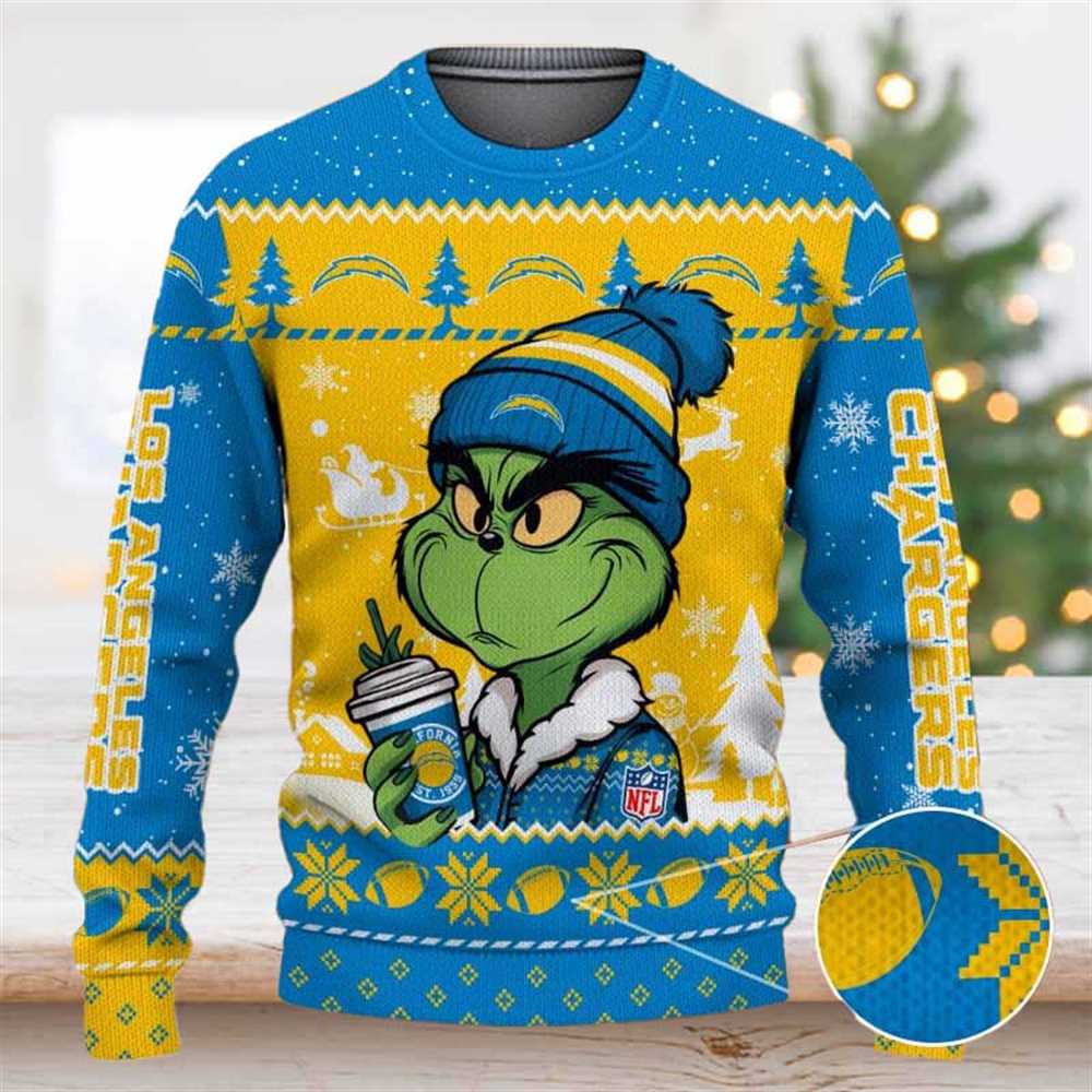 Los Angeles Chargers The Grinch Drink Coffee Ugly Christmas Sweater Los Angeles Chargers The Grinch Drink Coffee Ugly Christmas Sweater