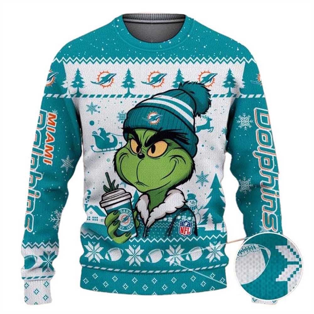 Miami Dolphins The Grinch Drink Coffee Ugly Christmas Sweater