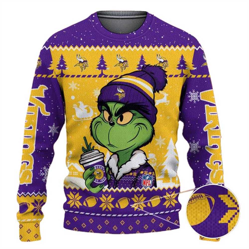 Minnesota Vikings The Grinch Drink Coffee Ugly Christmas Sweater