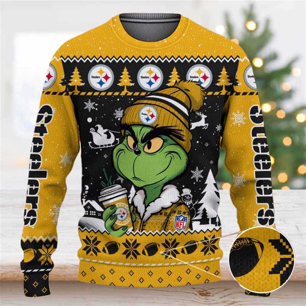 Pittsburgh Steelers The Grinch Drink Coffee Ugly Christmas Sweater Pittsburgh Steelers The Grinch Drink Coffee Ugly Christmas Sweater
