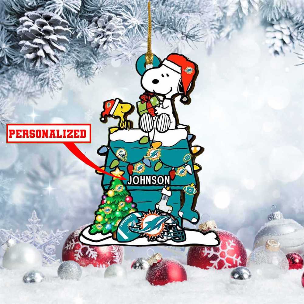 Snoopy Miami Dolphins Nfl Personalized Christmas Ornament