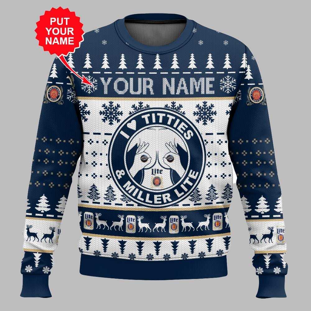 Miller Lite Titties Funny Custom Name Christmas Ugly Sweater