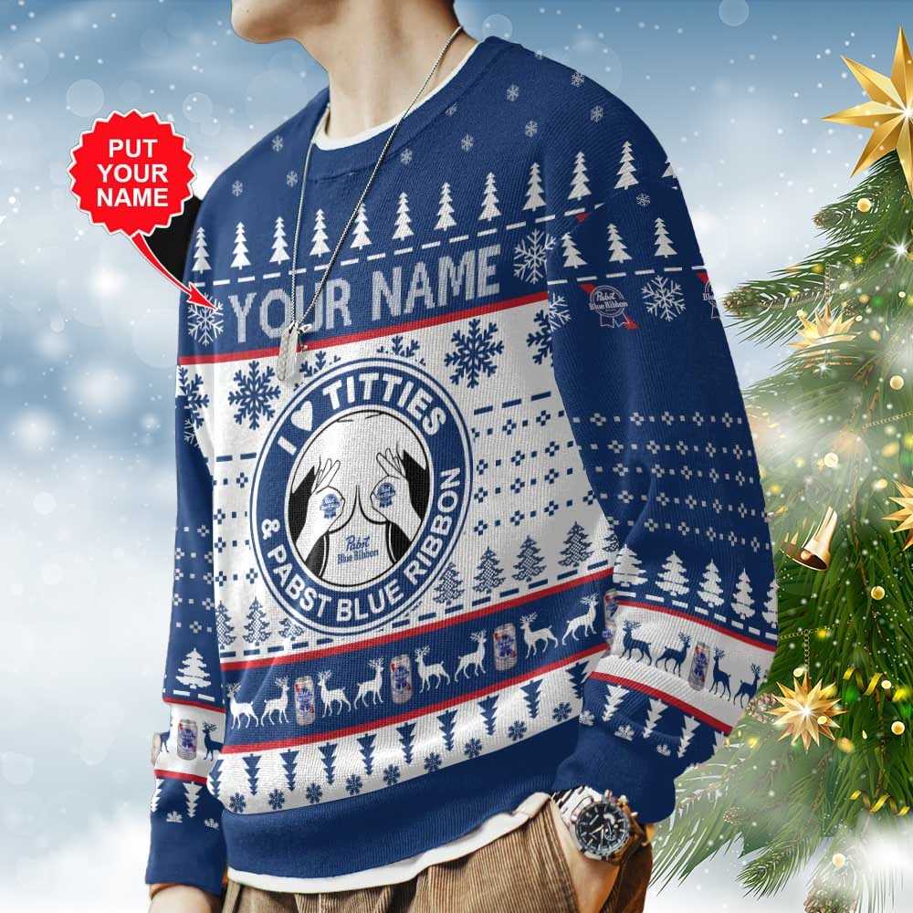 Pabst Blue Ribbon Titties Funny Custom Name Christmas Ugly Sweater Pabst Blue Ribbon Titties Funny Custom Name Christmas Ugly Sweater
