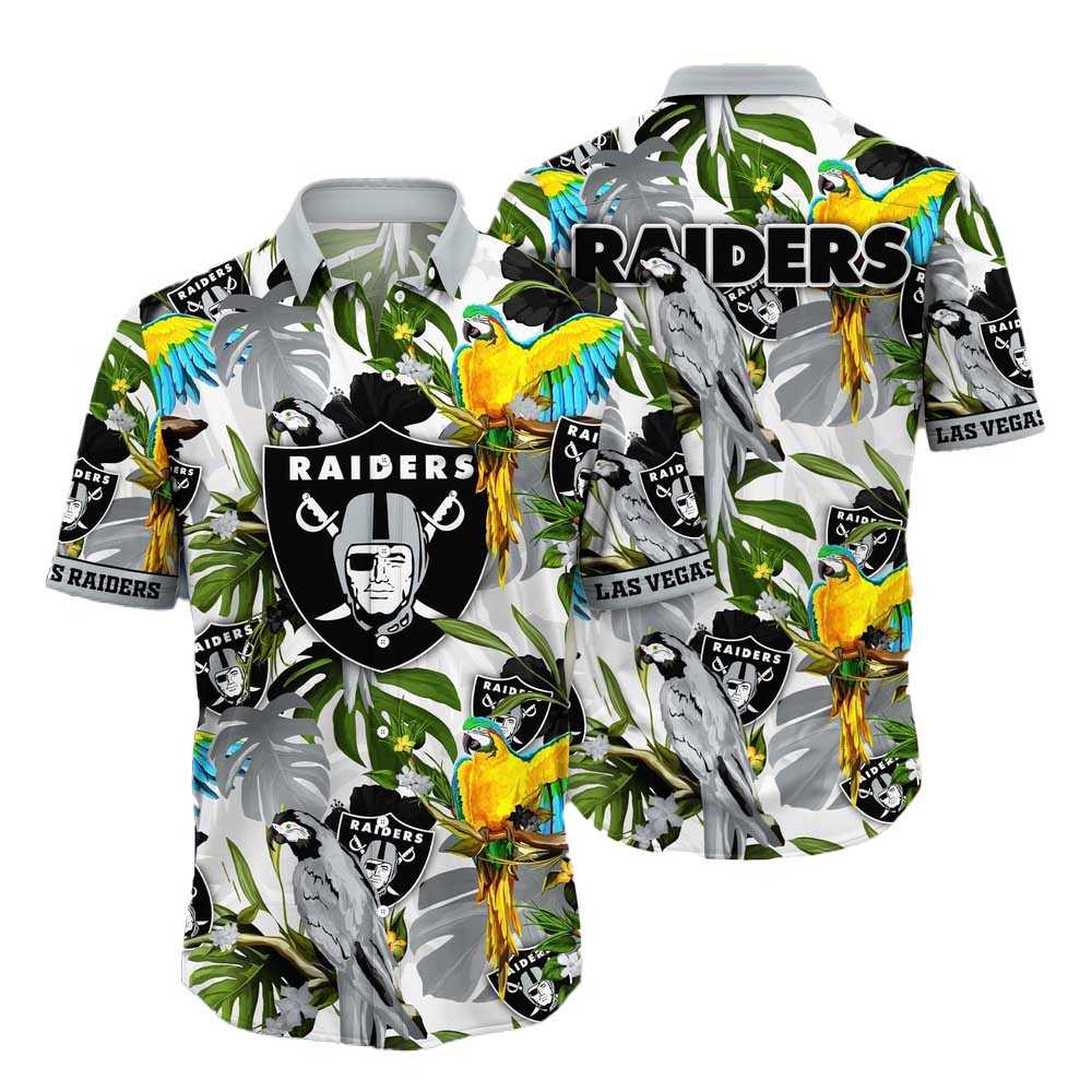 Las Vegas Raiders Parrots Tropical Flower Hawaiian Shirt Las Vegas Raiders Parrots Tropical Flower Hawaiian Shirt