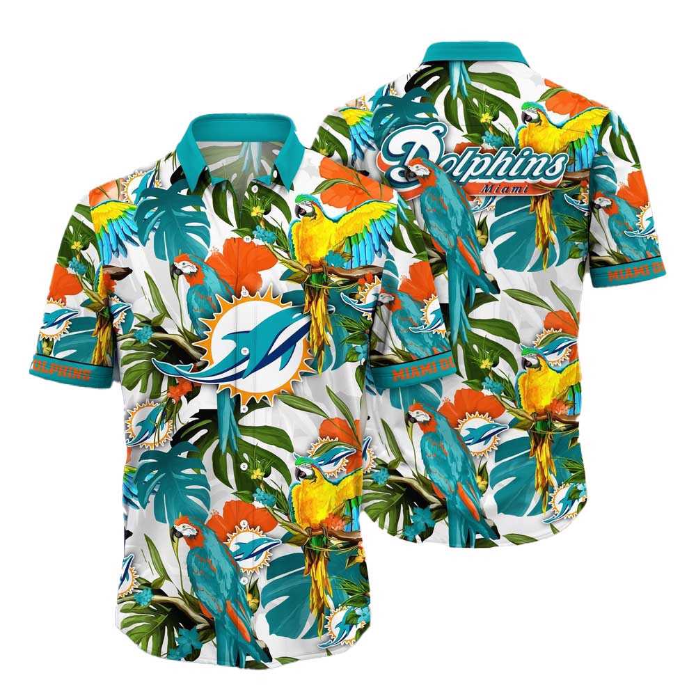 Miami Dolphins Parrots Tropical Flower Hawaiian Shirt Miami Dolphins Parrots Tropical Flower Hawaiian Shirt