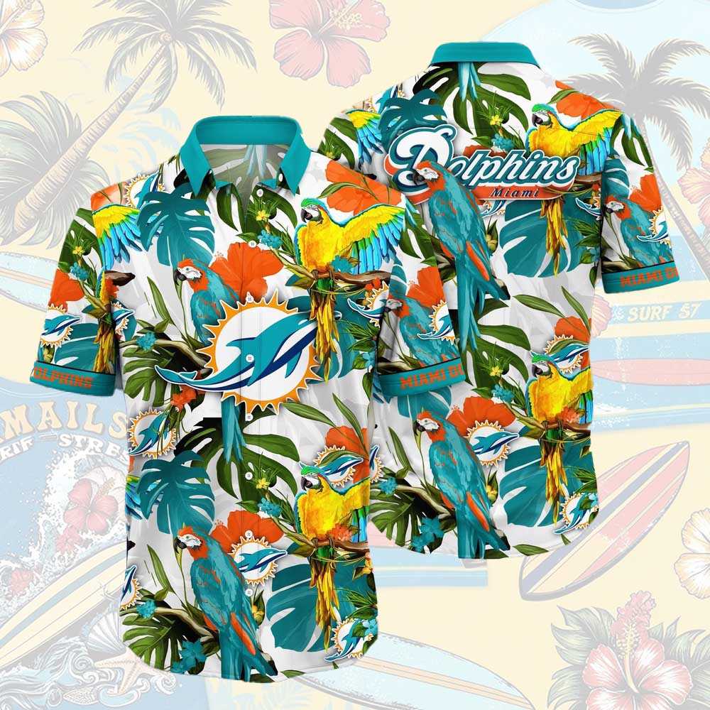 Miami Dolphins Parrots Tropical Flower Hawaiian Shirt
